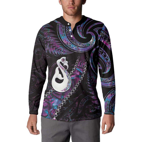New Zealand Aotearoa Button Sweatshirt Maori Manaia Paua Shell Glitter Purple
