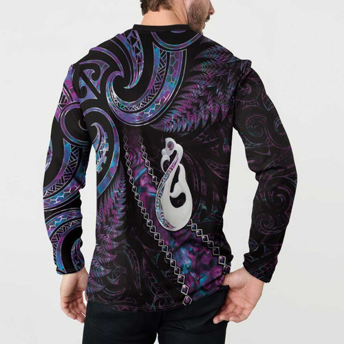New Zealand Aotearoa Button Sweatshirt Maori Manaia Paua Shell Glitter Purple
