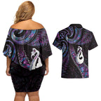 New Zealand Aotearoa Couples Matching Off Shoulder Short Dress and Hawaiian Shirt Maori Manaia Paua Shell Glitter Purple