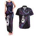 New Zealand Aotearoa Couples Matching Tank Maxi Dress and Hawaiian Shirt Maori Manaia Paua Shell Glitter Purple