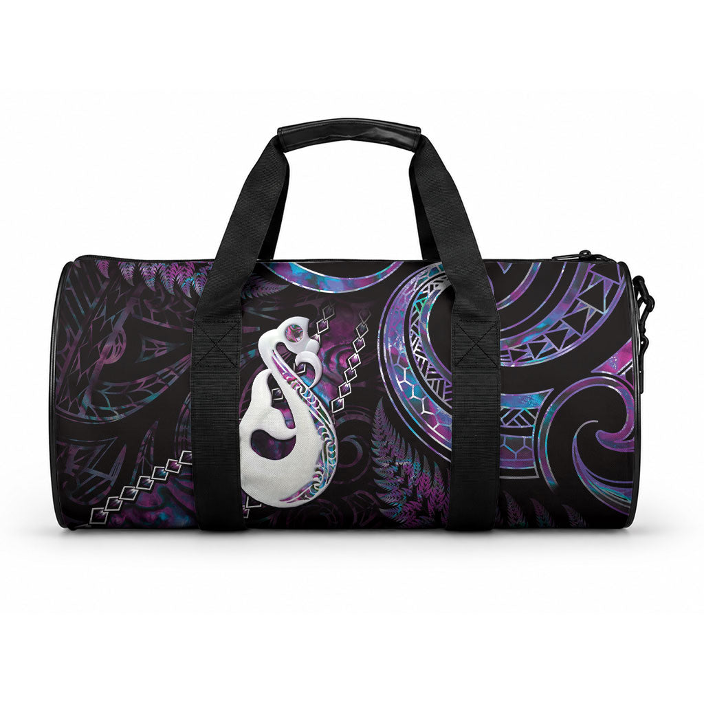 New Zealand Aotearoa Duffle Bag Maori Manaia Paua Shell Glitter Purple