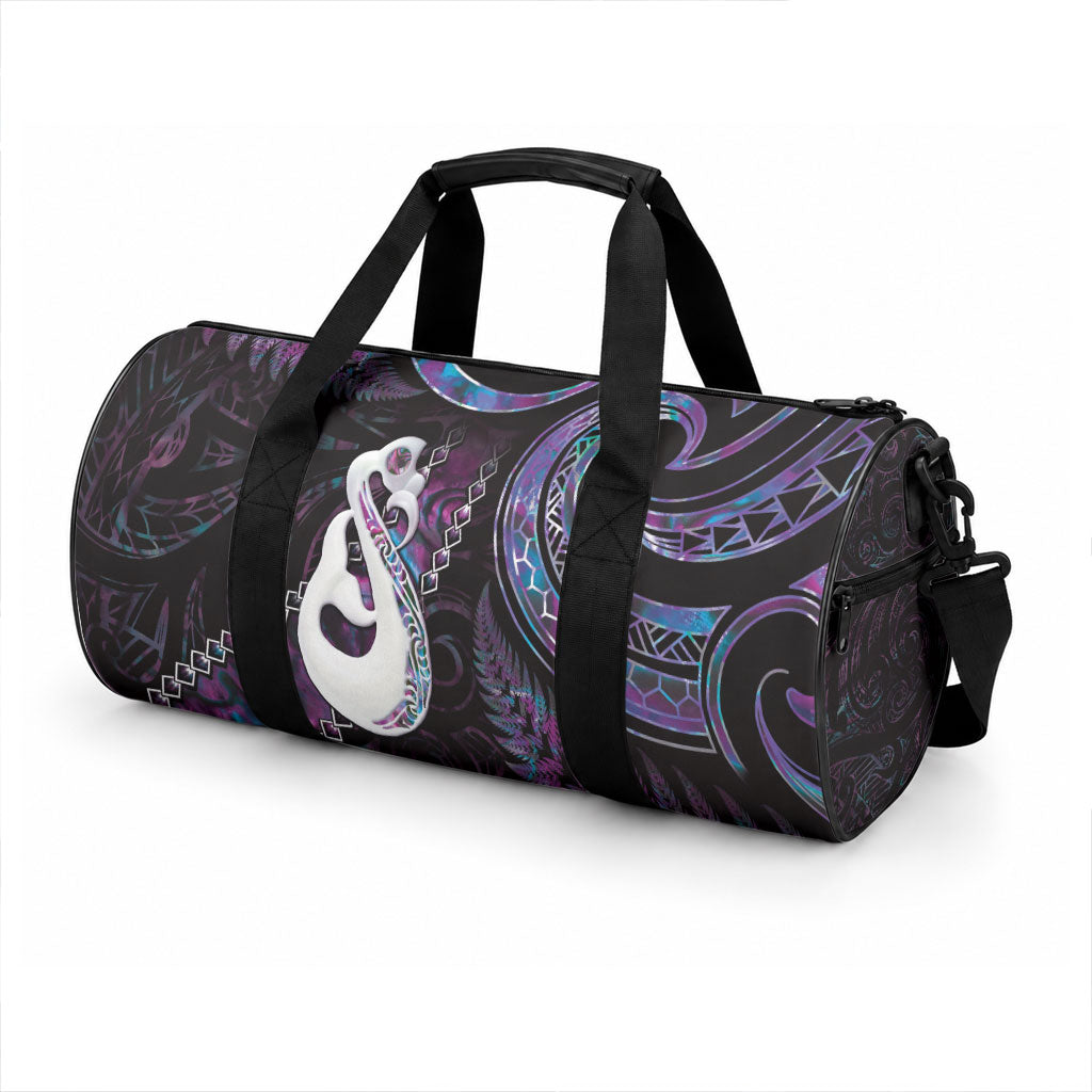 New Zealand Aotearoa Duffle Bag Maori Manaia Paua Shell Glitter Purple