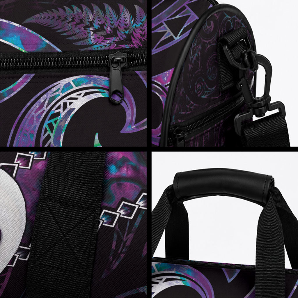 New Zealand Aotearoa Duffle Bag Maori Manaia Paua Shell Glitter Purple