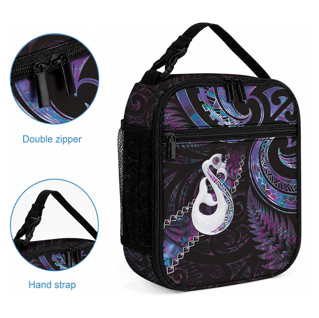 New Zealand Aotearoa Lunch Bag Maori Manaia Paua Shell Glitter Purple