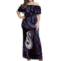 New Zealand Aotearoa Off Shoulder Maxi Dress Maori Manaia Paua Shell Glitter Purple