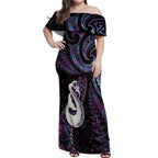 New Zealand Aotearoa Off Shoulder Maxi Dress Maori Manaia Paua Shell Glitter Purple