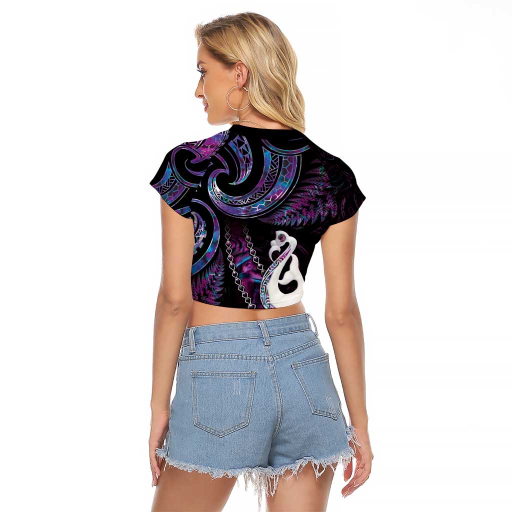 New Zealand Aotearoa Raglan Cropped T Shirt Maori Manaia Paua Shell Glitter Purple