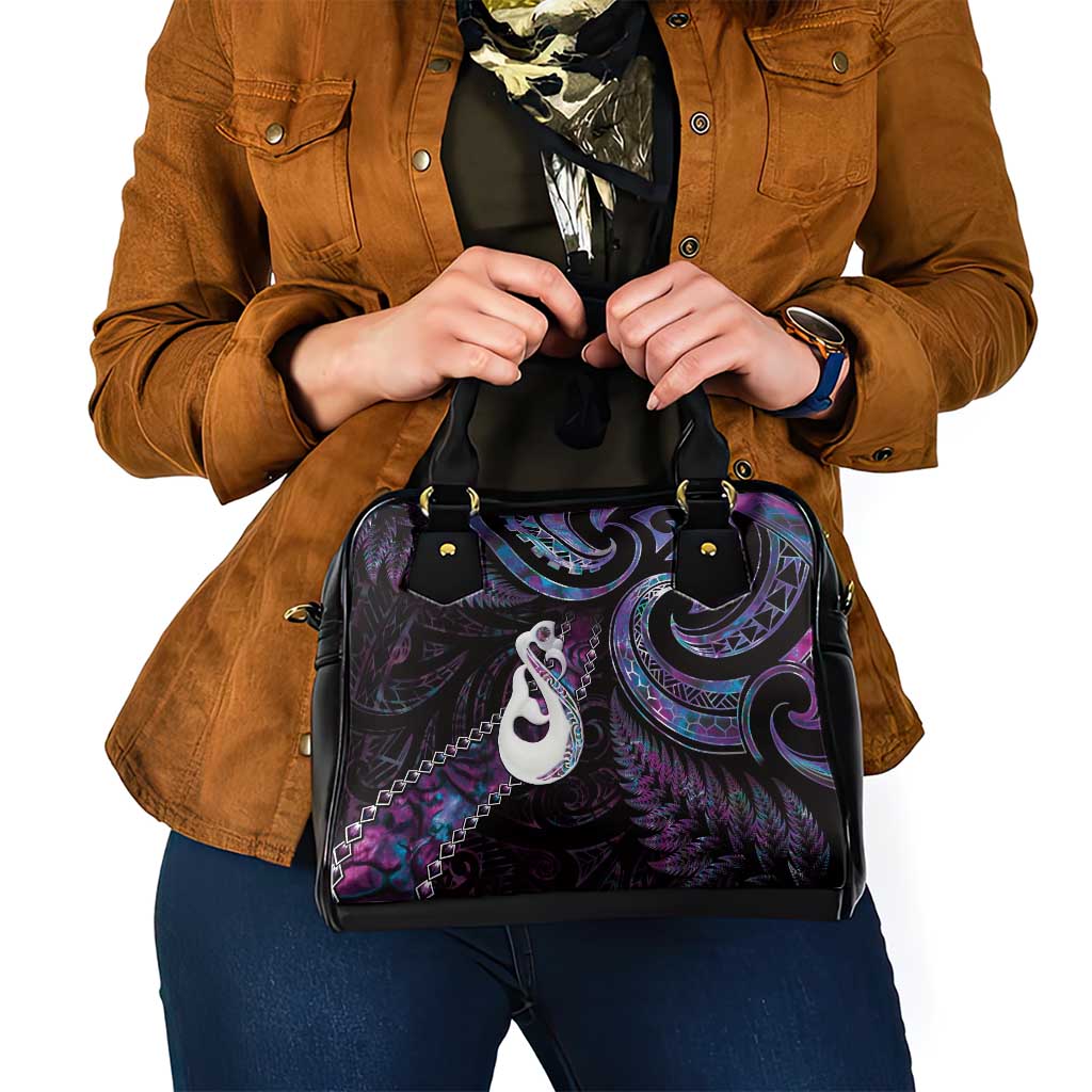 New Zealand Aotearoa Shoulder Handbag Maori Manaia Paua Shell Glitter Purple