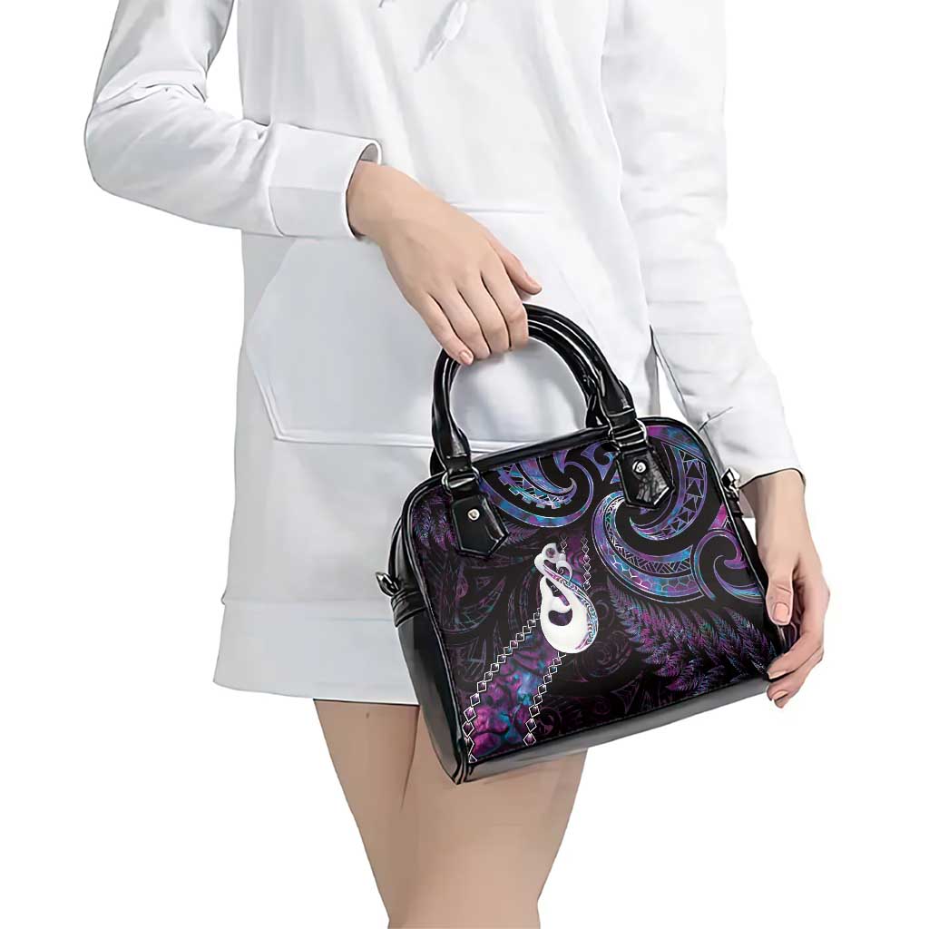 New Zealand Aotearoa Shoulder Handbag Maori Manaia Paua Shell Glitter Purple