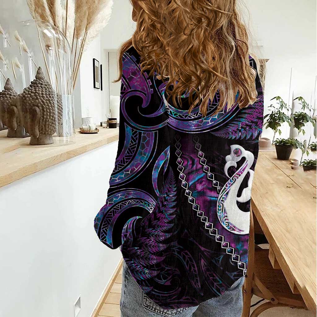 New Zealand Aotearoa Women Casual Shirt Maori Manaia Paua Shell Glitter Purple