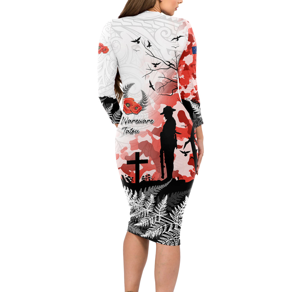 Kei Wareware Tatou New Zealand ANZAC Day Long Sleeve Bodycon Dress Lest We Forget