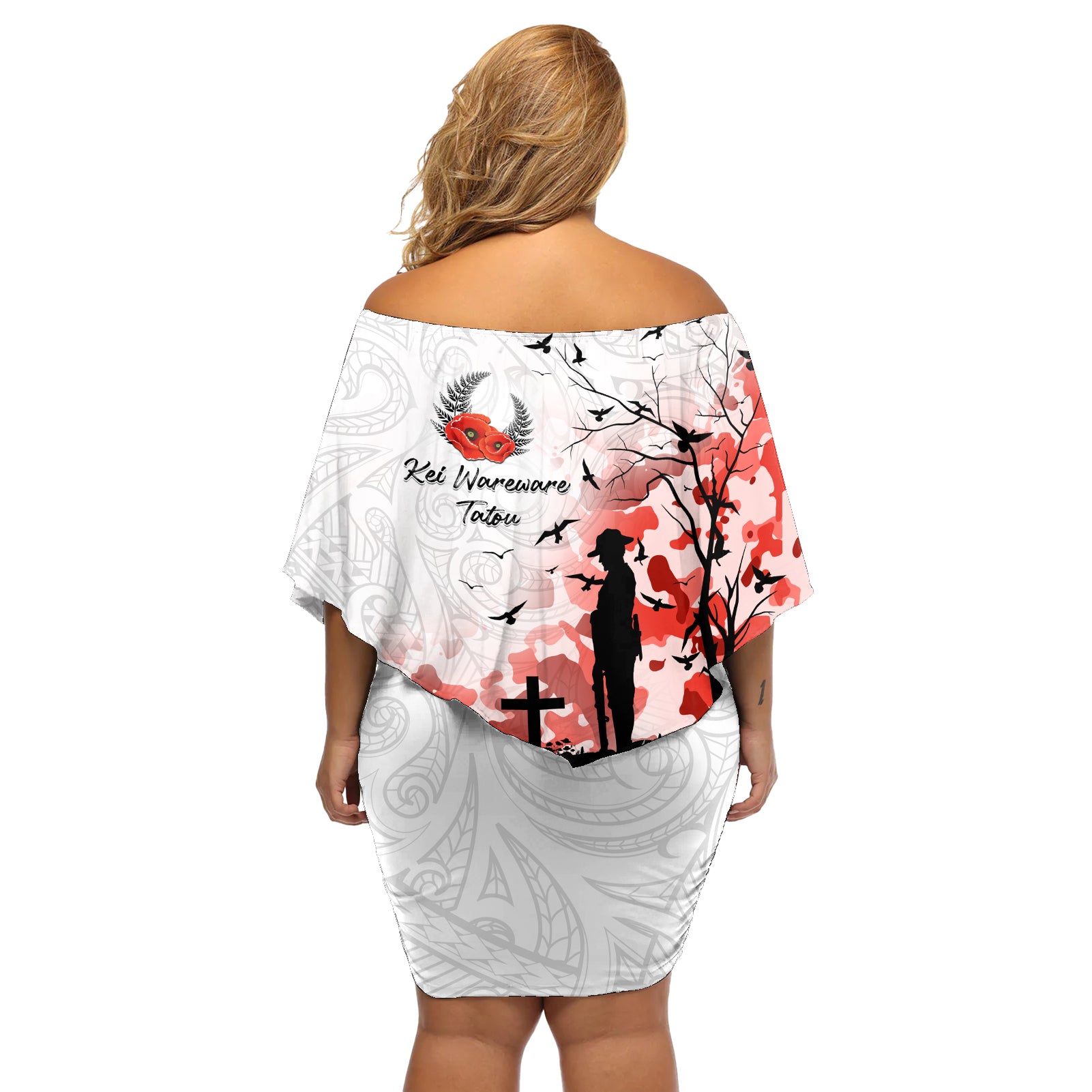 Kei Wareware Tatou New Zealand ANZAC Day Off Shoulder Short Dress Lest We Forget