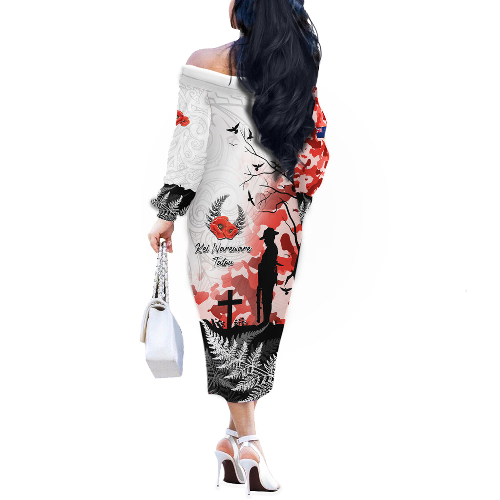 Kei Wareware Tatou New Zealand ANZAC Day Off The Shoulder Long Sleeve Dress Lest We Forget