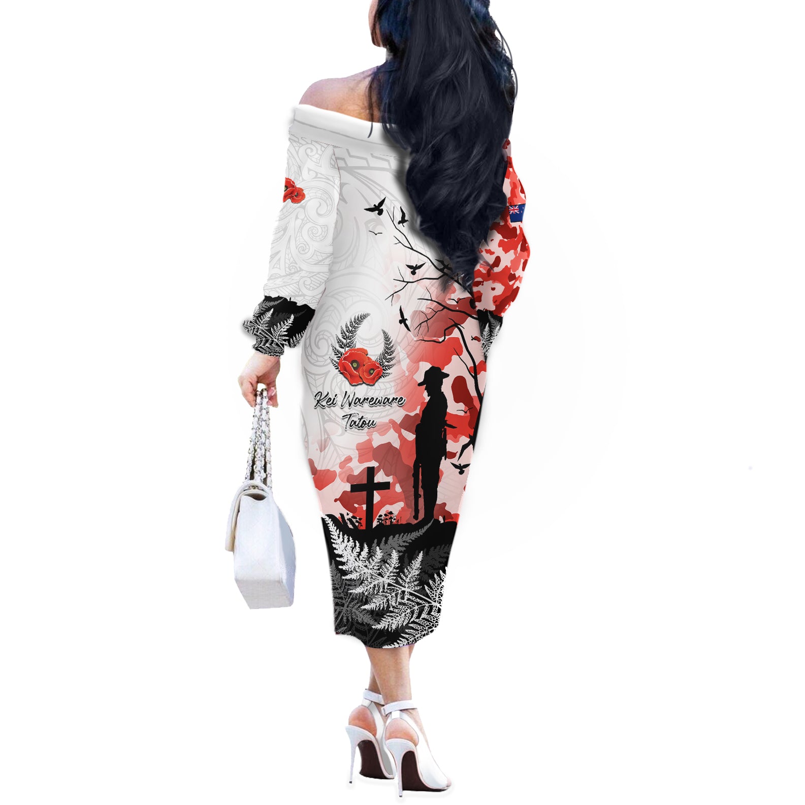 Kei Wareware Tatou New Zealand ANZAC Day Off The Shoulder Long Sleeve Dress Lest We Forget