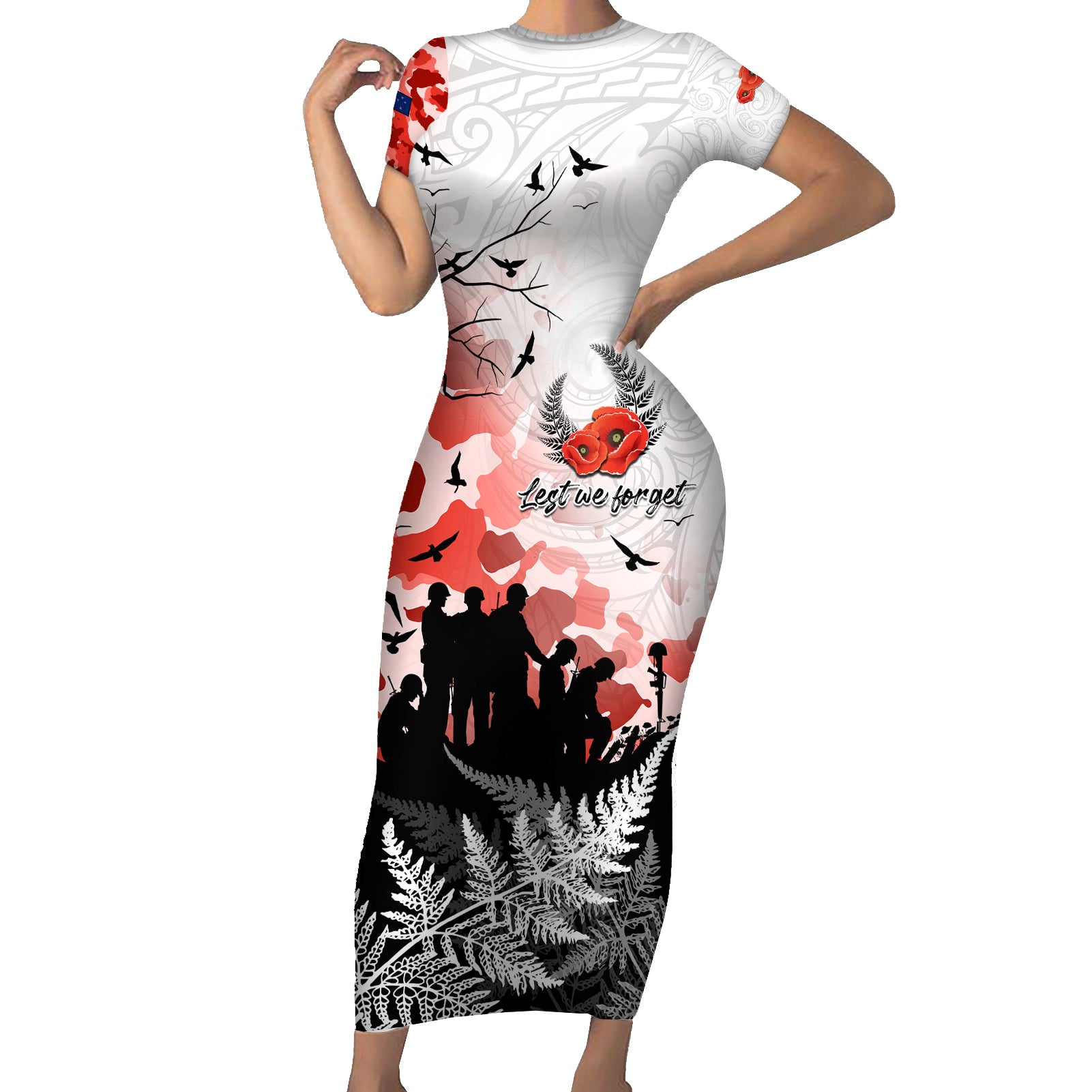 Kei Wareware Tatou New Zealand ANZAC Day Short Sleeve Bodycon Dress Lest We Forget