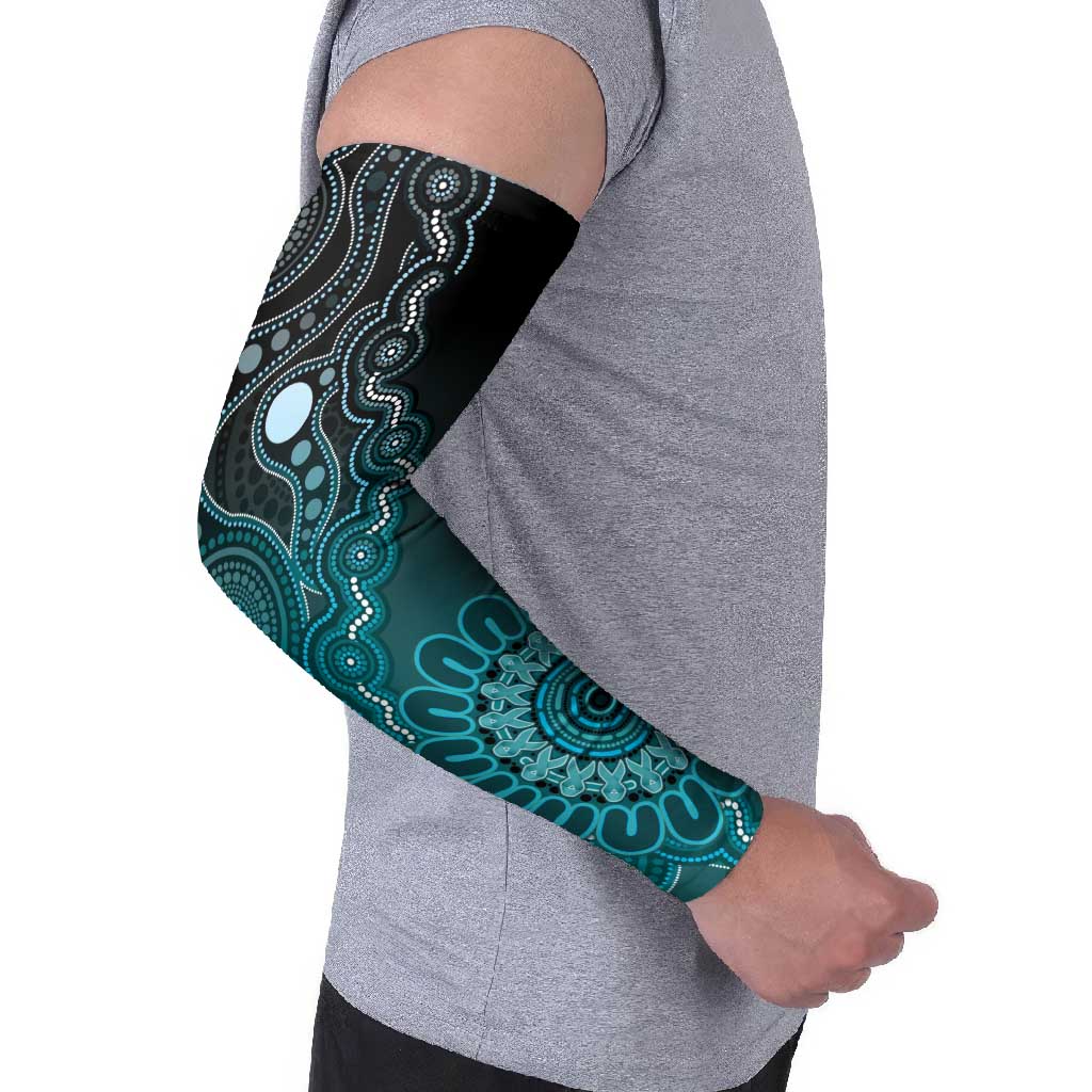 Personalised Ovarian Cancer Awareness Arm Sleeves Teal Ribbon Aboriginal Art