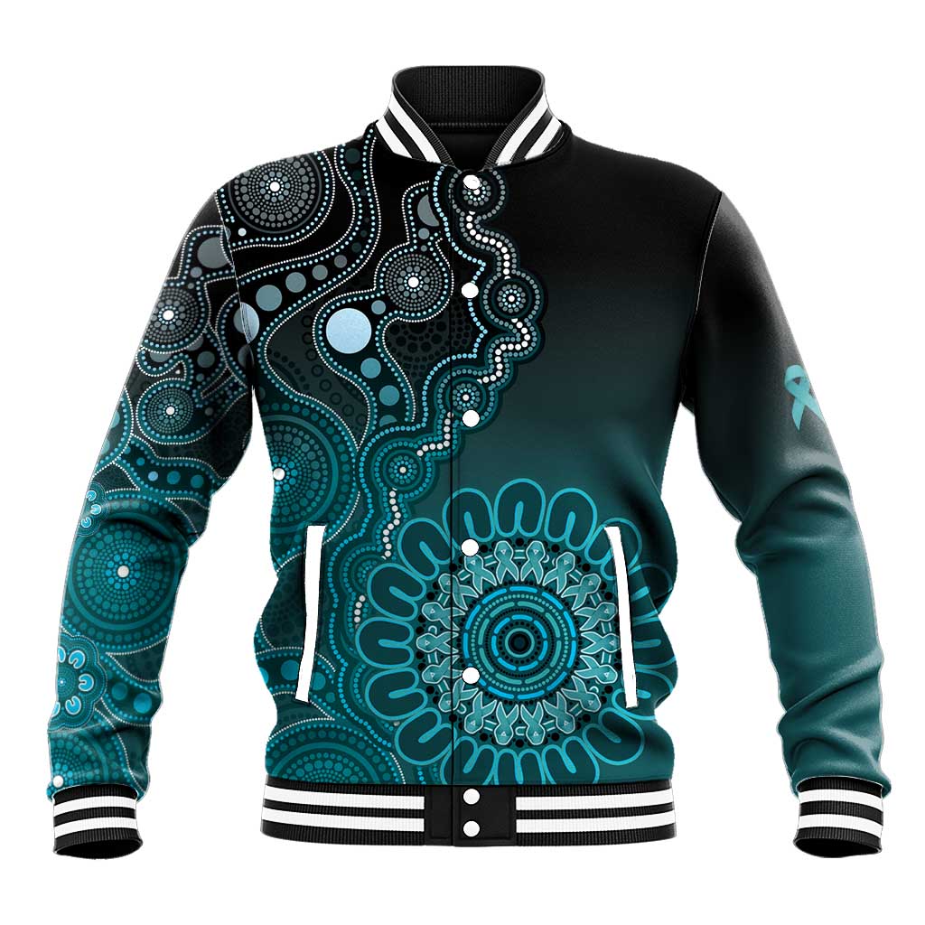 Personalised Ovarian Cancer Awareness Baseball Jacket Teal Ribbon Aboriginal Art