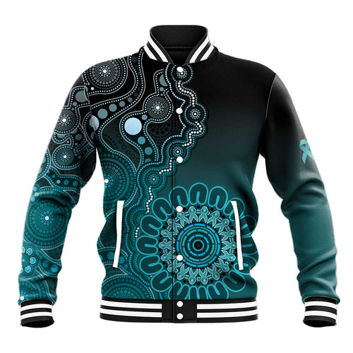 Personalised Ovarian Cancer Awareness Baseball Jacket Teal Ribbon Aboriginal Art