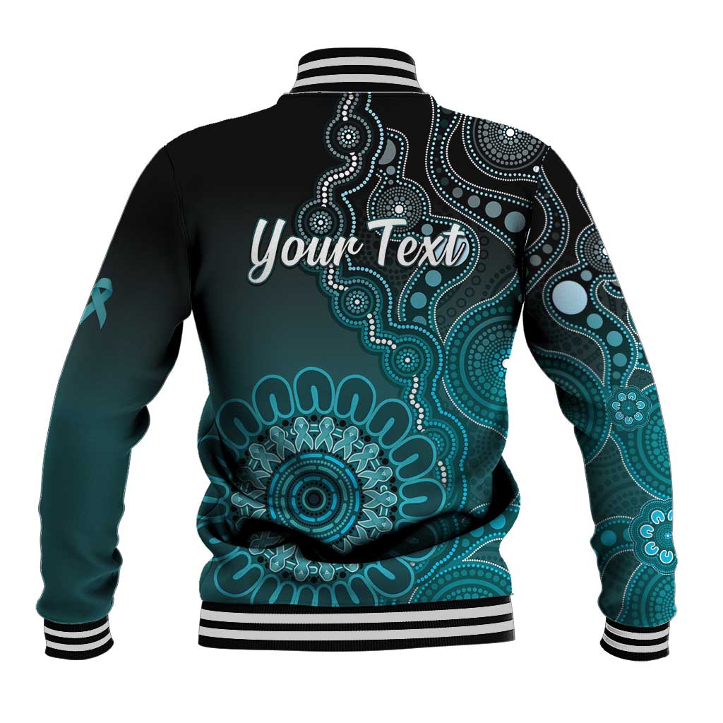 Personalised Ovarian Cancer Awareness Baseball Jacket Teal Ribbon Aboriginal Art