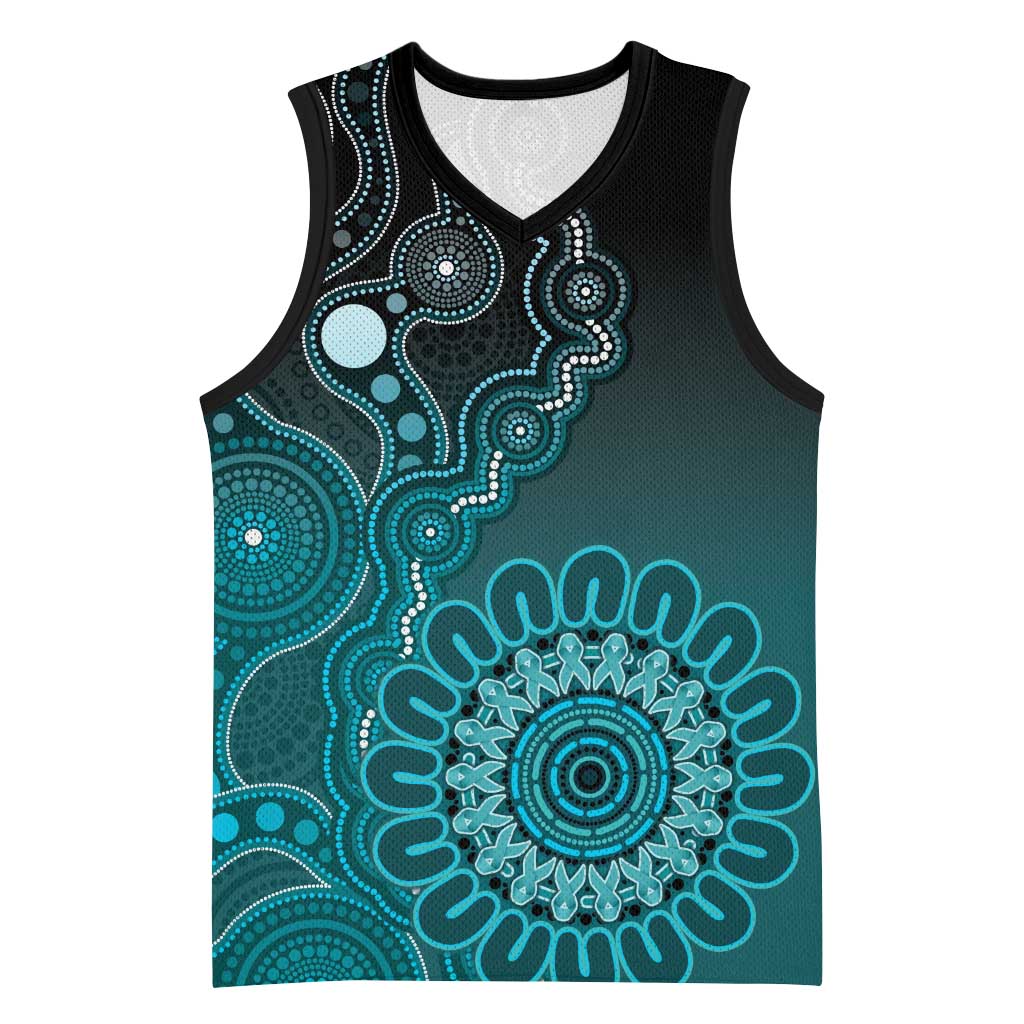 Personalised Ovarian Cancer Awareness Basketball Jersey Teal Ribbon Aboriginal Art