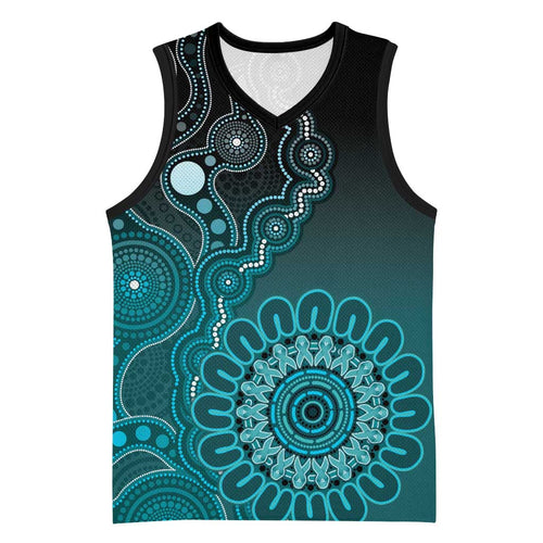 Personalised Ovarian Cancer Awareness Basketball Jersey Teal Ribbon Aboriginal Art