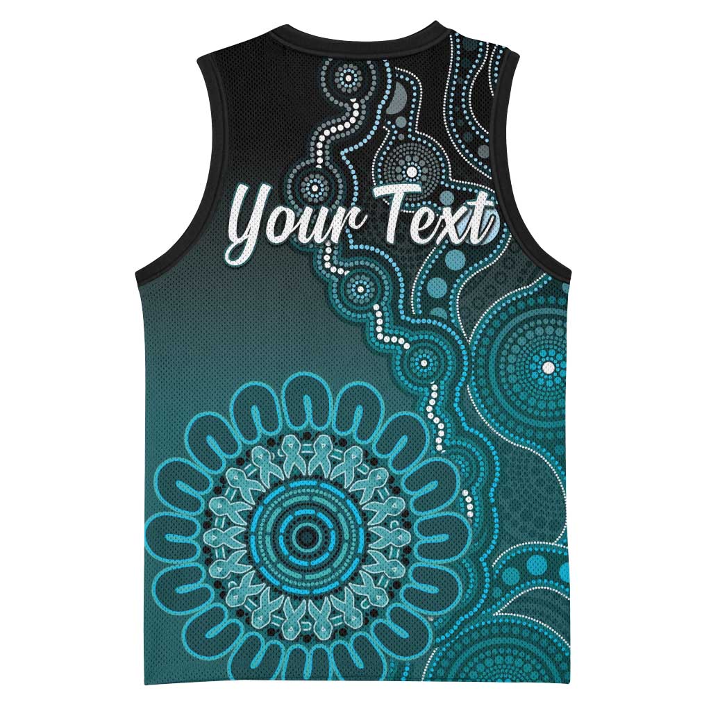 Personalised Ovarian Cancer Awareness Basketball Jersey Teal Ribbon Aboriginal Art