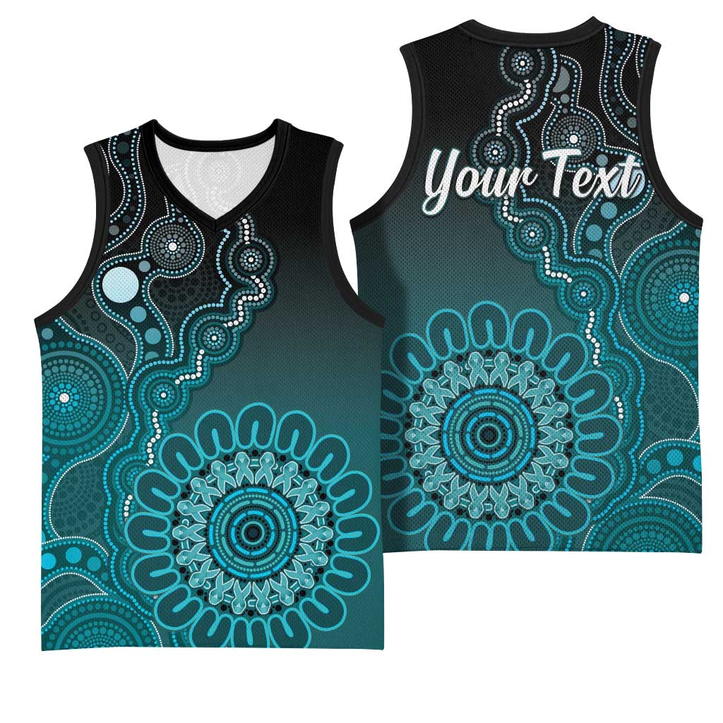 Personalised Ovarian Cancer Awareness Basketball Jersey Teal Ribbon Aboriginal Art