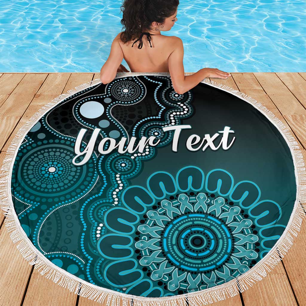 Personalised Ovarian Cancer Awareness Beach Blanket Teal Ribbon Aboriginal Art