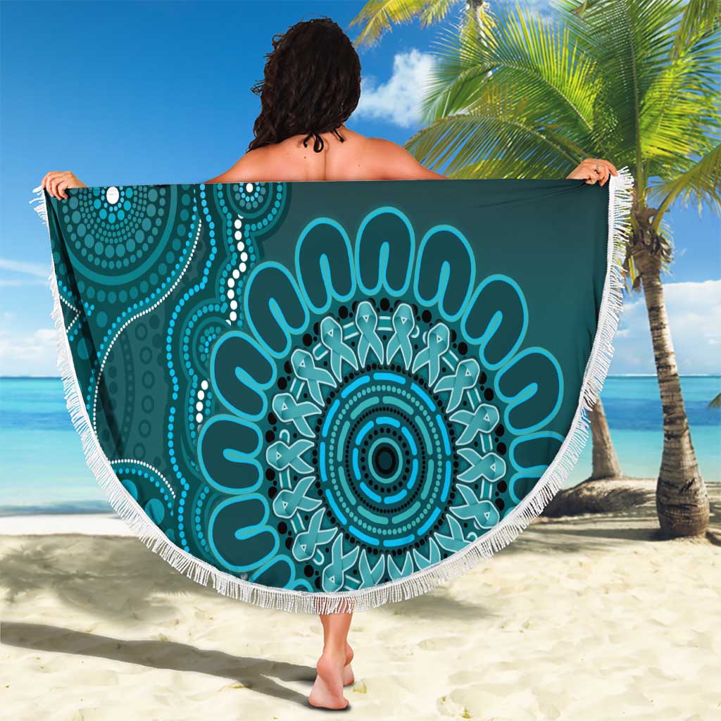Personalised Ovarian Cancer Awareness Beach Blanket Teal Ribbon Aboriginal Art