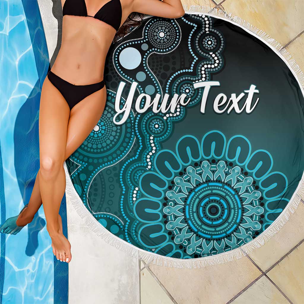 Personalised Ovarian Cancer Awareness Beach Blanket Teal Ribbon Aboriginal Art