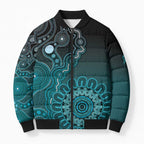 Personalised Ovarian Cancer Awareness Bomber Puffer Jacket Teal Ribbon Aboriginal Art