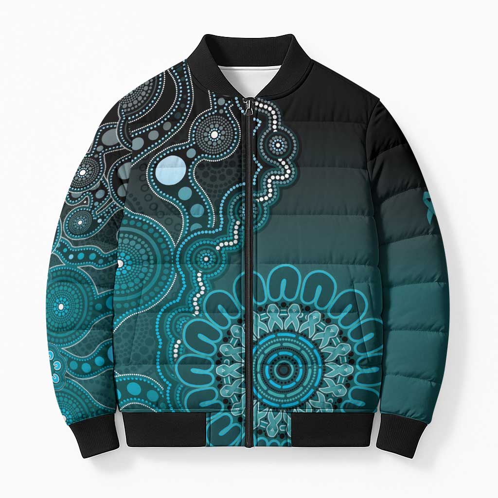 Personalised Ovarian Cancer Awareness Bomber Puffer Jacket Teal Ribbon Aboriginal Art