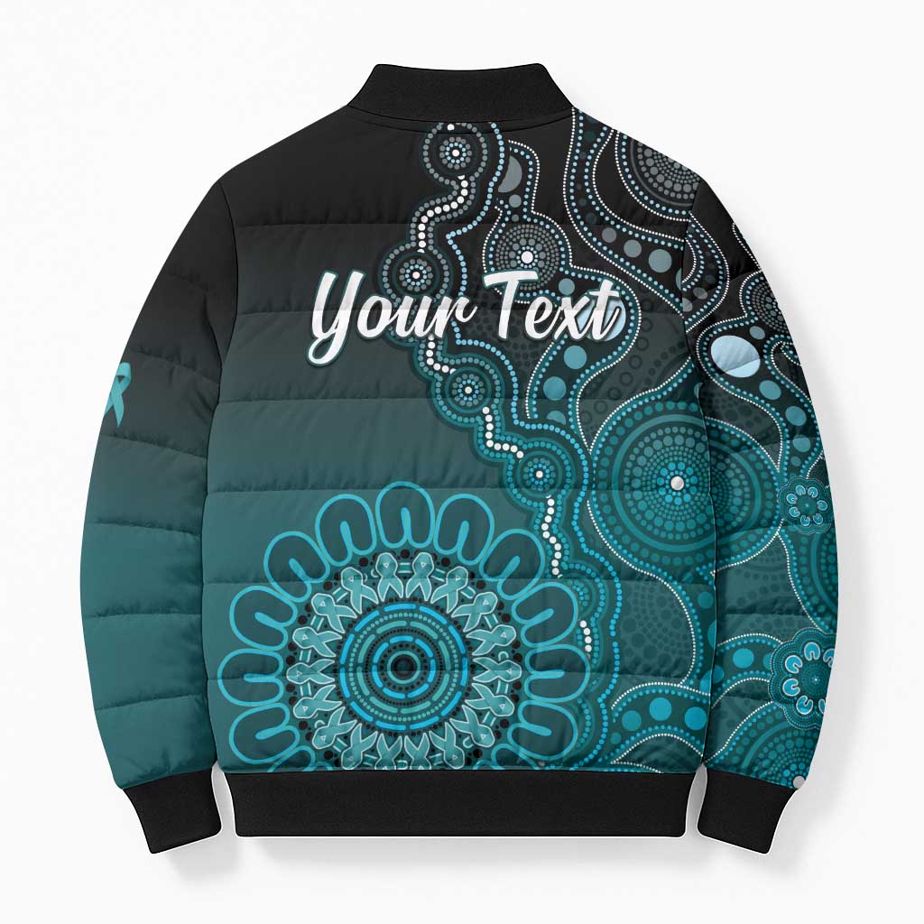 Personalised Ovarian Cancer Awareness Bomber Puffer Jacket Teal Ribbon Aboriginal Art