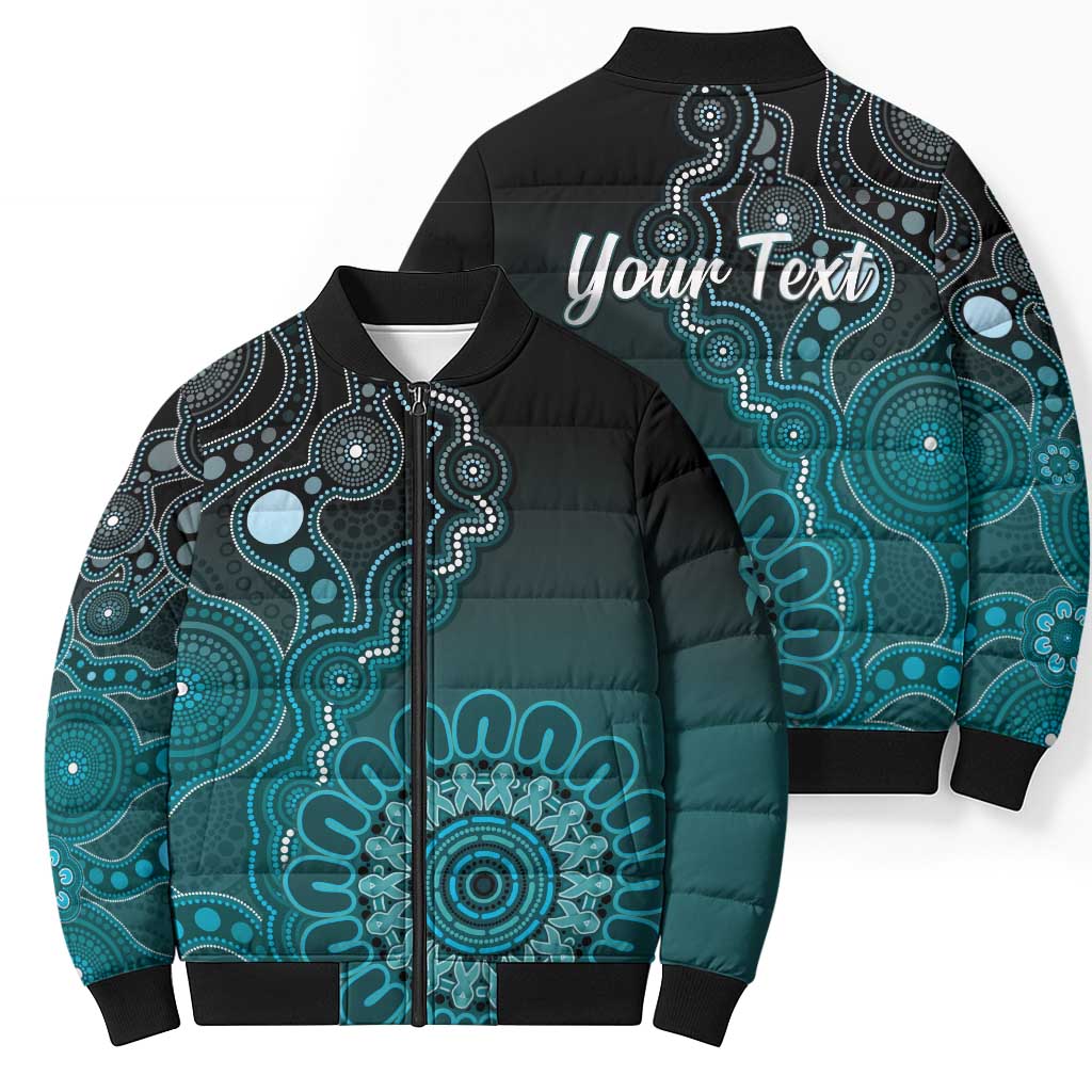 Personalised Ovarian Cancer Awareness Bomber Puffer Jacket Teal Ribbon Aboriginal Art