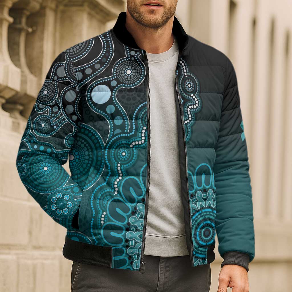 Personalised Ovarian Cancer Awareness Bomber Puffer Jacket Teal Ribbon Aboriginal Art