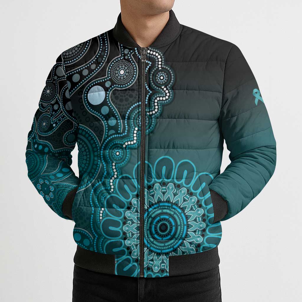 Personalised Ovarian Cancer Awareness Bomber Puffer Jacket Teal Ribbon Aboriginal Art
