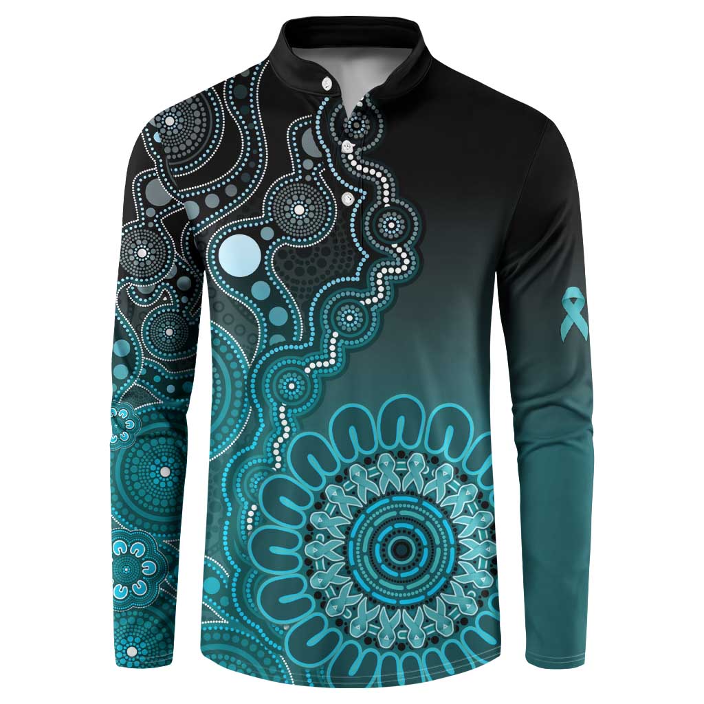 Personalised Ovarian Cancer Awareness Button Sweatshirt Teal Ribbon Aboriginal Art