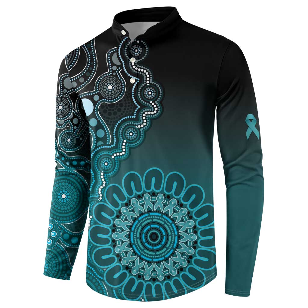 Personalised Ovarian Cancer Awareness Button Sweatshirt Teal Ribbon Aboriginal Art