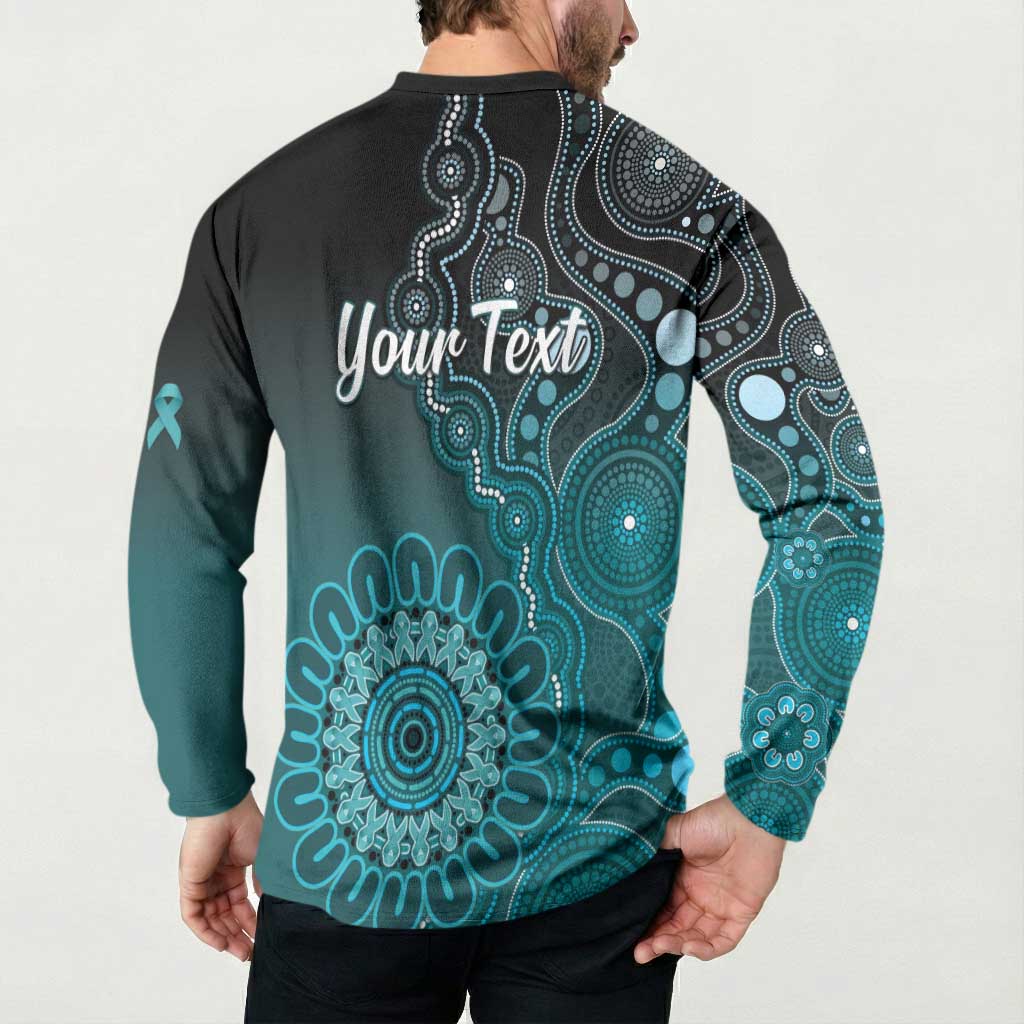 Personalised Ovarian Cancer Awareness Button Sweatshirt Teal Ribbon Aboriginal Art