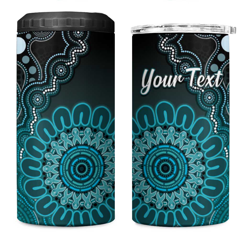 Personalised Ovarian Cancer Awareness 4 in 1 Can Cooler Tumbler Teal Ribbon Aboriginal Art