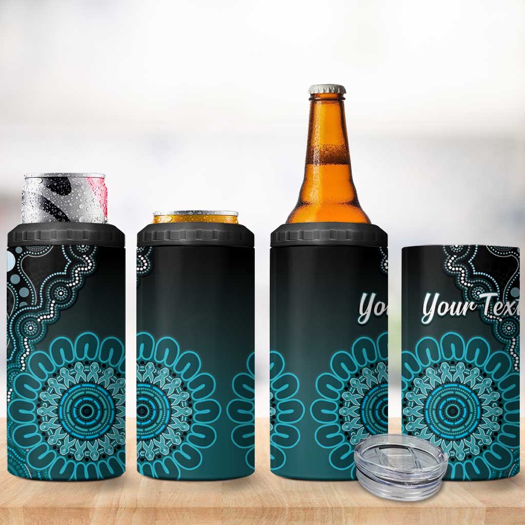 Personalised Ovarian Cancer Awareness 4 in 1 Can Cooler Tumbler Teal Ribbon Aboriginal Art