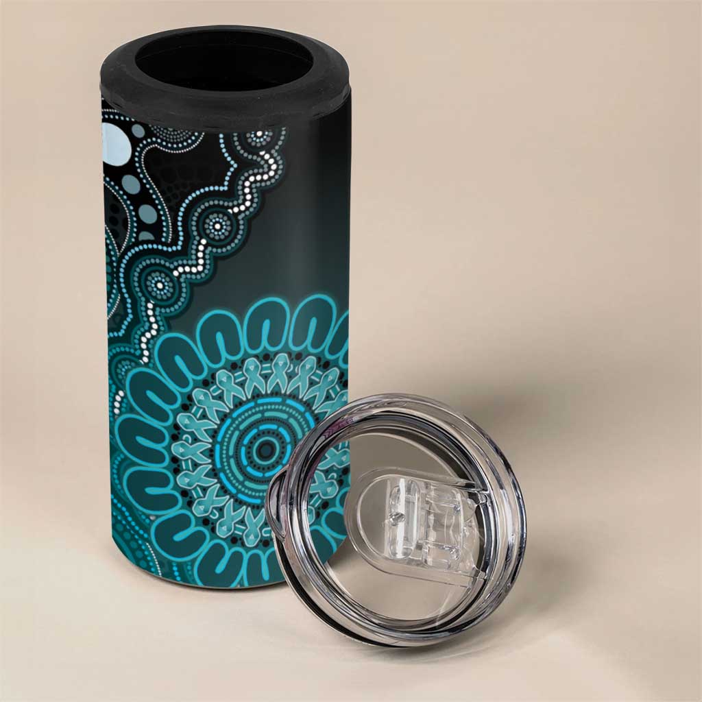 Personalised Ovarian Cancer Awareness 4 in 1 Can Cooler Tumbler Teal Ribbon Aboriginal Art