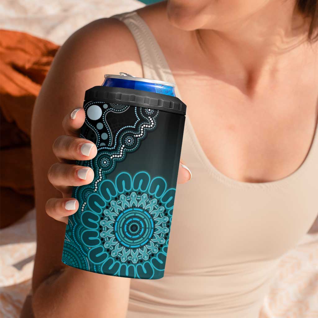 Personalised Ovarian Cancer Awareness 4 in 1 Can Cooler Tumbler Teal Ribbon Aboriginal Art