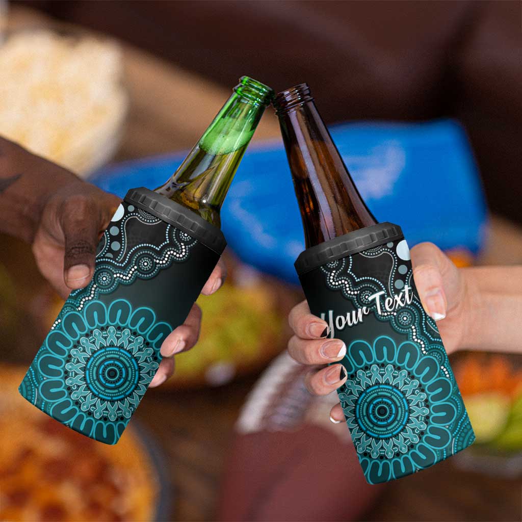 Personalised Ovarian Cancer Awareness 4 in 1 Can Cooler Tumbler Teal Ribbon Aboriginal Art
