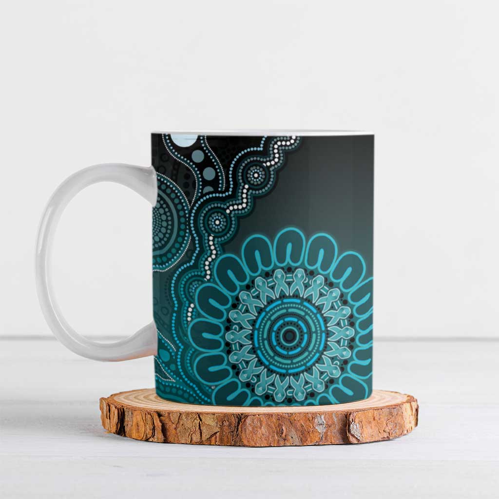 Personalised Ovarian Cancer Awareness Ceramic Mug Teal Ribbon Aboriginal Art