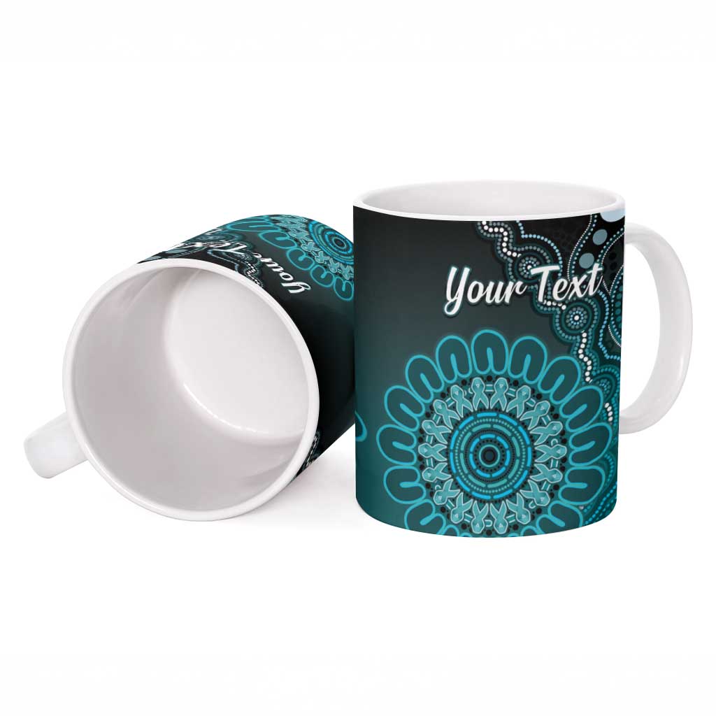 Personalised Ovarian Cancer Awareness Ceramic Mug Teal Ribbon Aboriginal Art