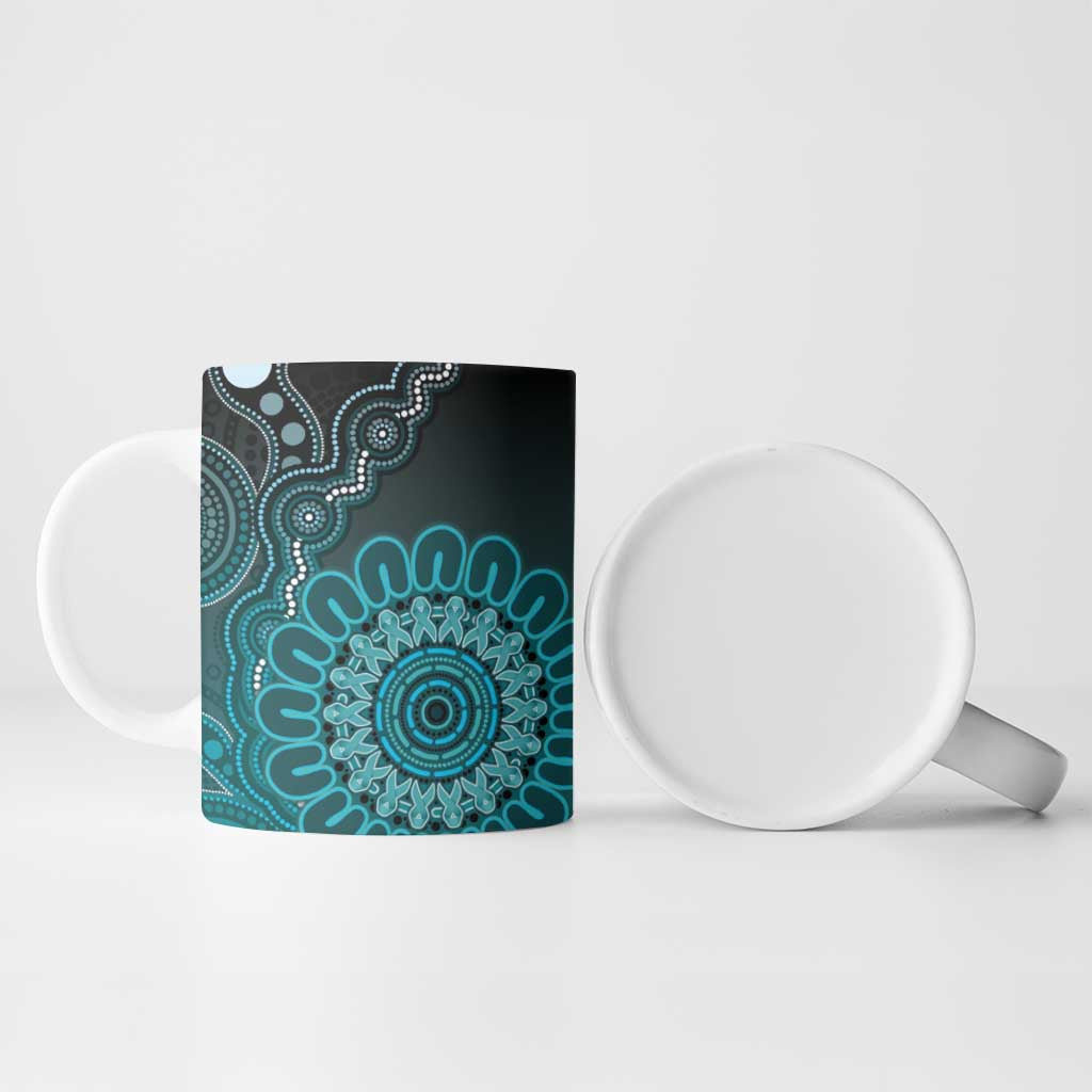 Personalised Ovarian Cancer Awareness Ceramic Mug Teal Ribbon Aboriginal Art