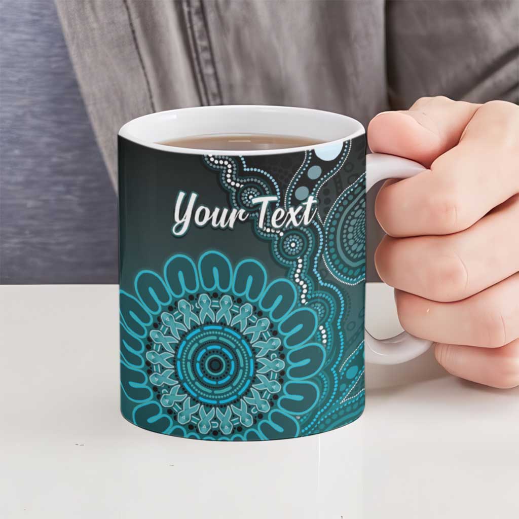 Personalised Ovarian Cancer Awareness Ceramic Mug Teal Ribbon Aboriginal Art