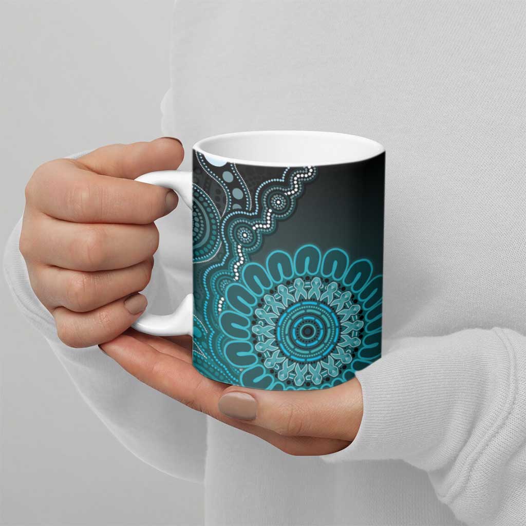 Personalised Ovarian Cancer Awareness Ceramic Mug Teal Ribbon Aboriginal Art