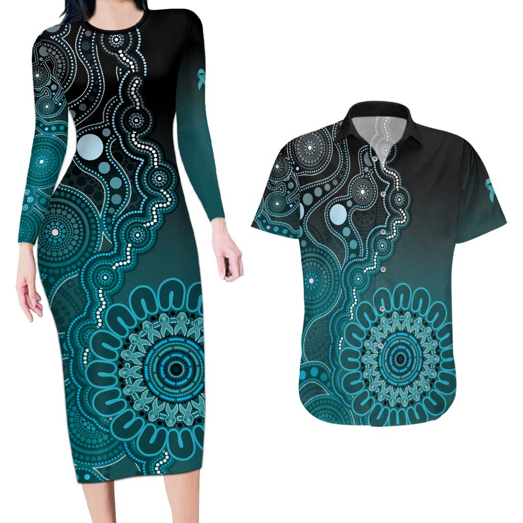 Personalised Ovarian Cancer Awareness Couples Matching Long Sleeve Bodycon Dress and Hawaiian Shirt Teal Ribbon Aboriginal Art